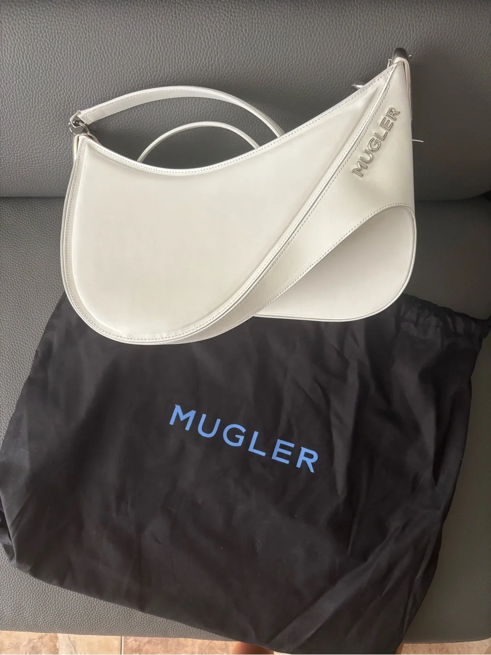 Mugler White Crescent Shoulder Bag with Textured Logo